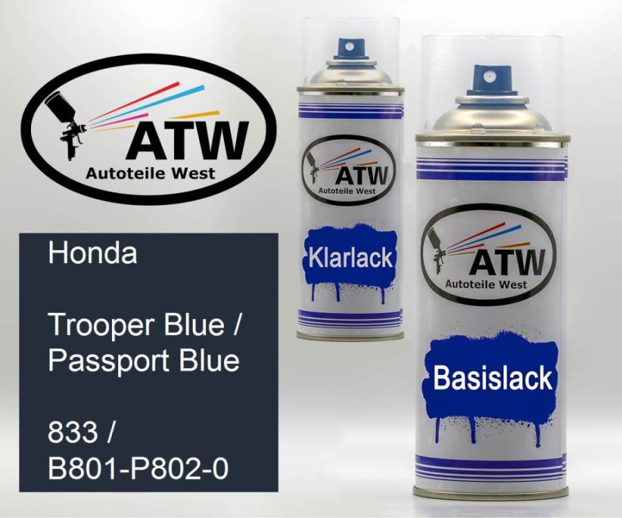 Honda, Trooper Blue / Passport Blue, 833 / B801-P802-0: 400ml Sprühdose + 400ml Klarlack - Set, von ATW Autoteile West.